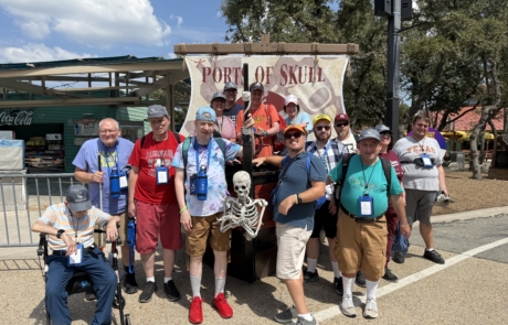Travelers in front a pirate ship at SeaWorld.